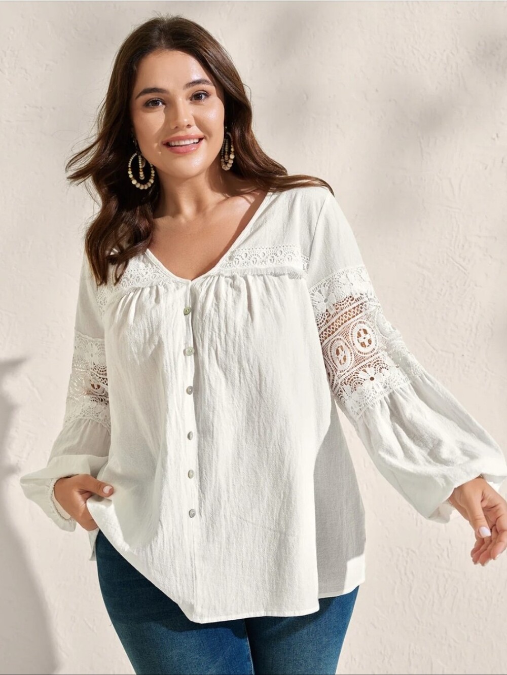 Boho Lace-Trim Button Front Top in White